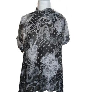 Y2K Marina Luna Silk Paisley Blouse Sheer Ruffle Neck Top M Luxury Designer